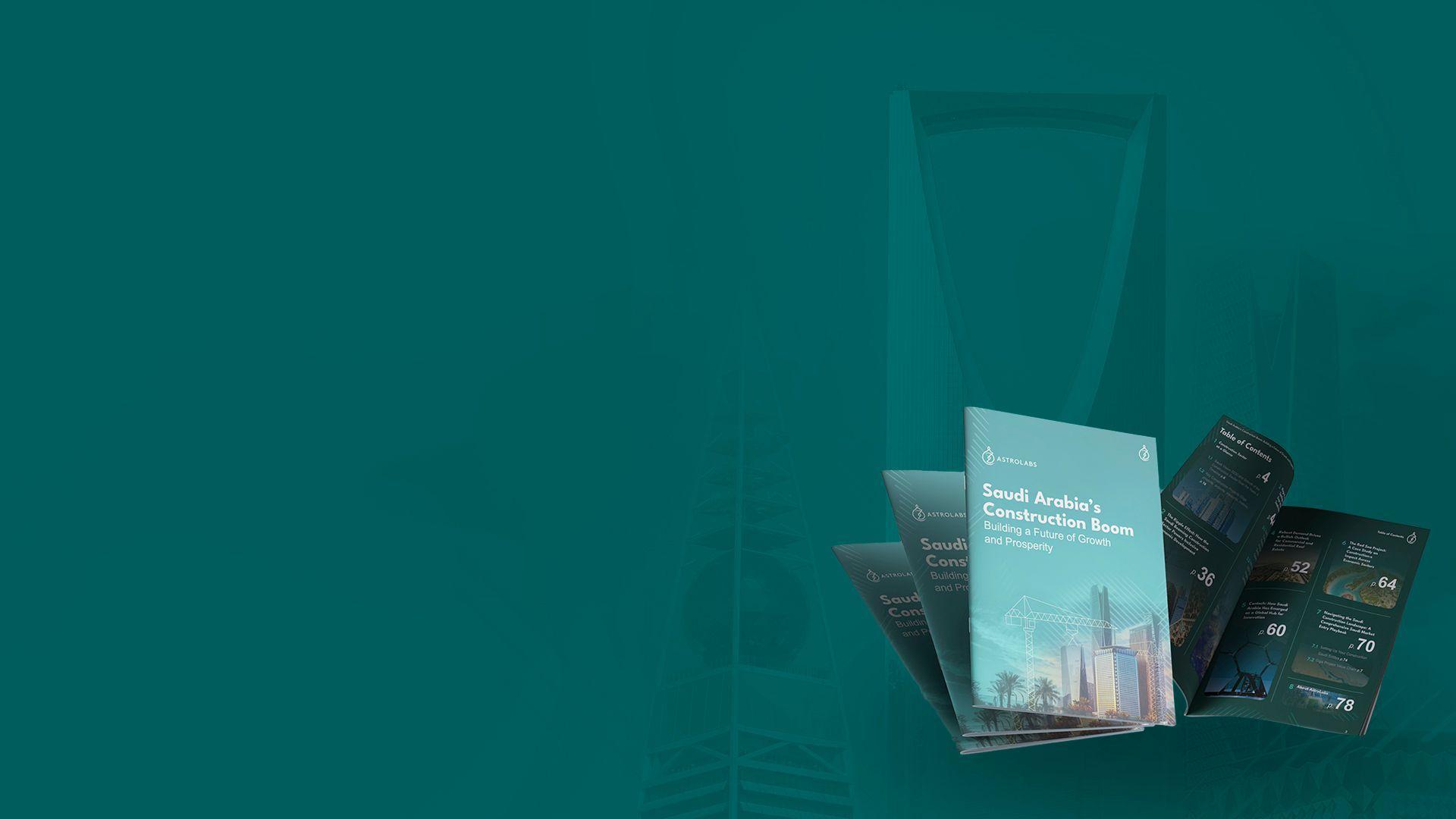 Saudi construction sector guidebook mockup image with riyadh skyline